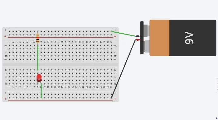 9V battery to + rail, through a resistor, through an LED, back to the − rail