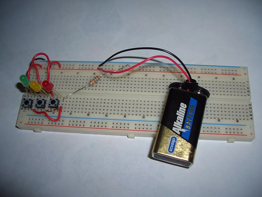 LEDs on a breadboard powered by a 9V battery